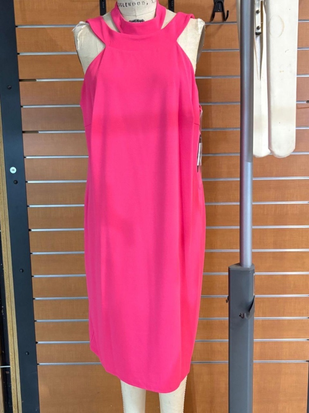 Bebe Plus Size 1X Hot Pink Sleeveless Fit & Flare Dress, Crossover Mock Neck